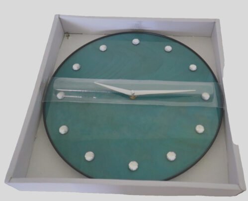 New Young Town Round Green Glass Wall Clock 13.5" Across Faux Clear Gemstones