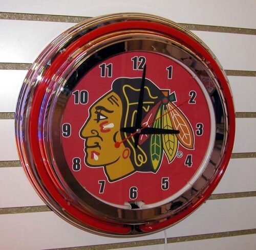 NHL Chicago Blackhawks Logo Sign 2 Ring Red/White Neon Clock NEW