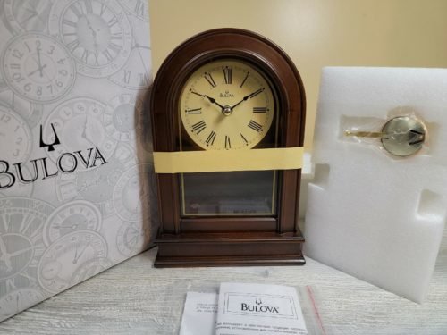 NIB Bulova Decorative Glass Wooden Pendulum Clock B7467 Battery Powered
