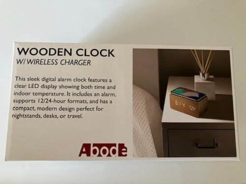 NIB Digital Alarm Clock WOODEN Table Desk Bedside LED Clock W/ Wireless Charger