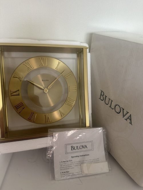 NIB Vintage Table Stand BULOVA Quartz Polished Brass Gold Tone Clock New In Box