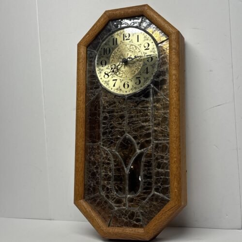 Nice Hanging Mirrored Wall Clock- Oak And Crackle Glass Quartz 23”