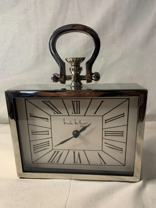 Nicole Miller Clock Silver 8x6” Mantel Or Desk Clock Style Roman Numerals