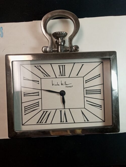 Nicole Miller Clock Silver 8x6” Wall Or Desk Pocket Watch Style Roman Numerals