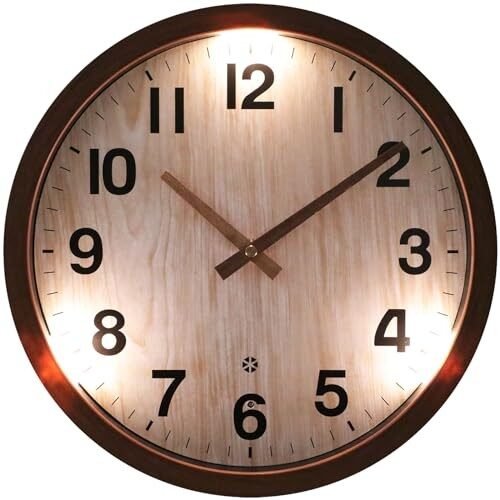 Night Light Wall Clock, 12 Inch Glow in The Dark Illuminated Silent Wood Color