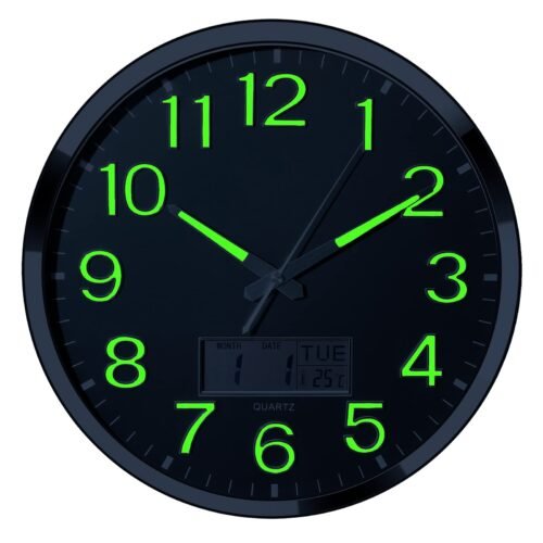 Night Light Wall Clock, 14’’ Large Bedroom Wall Clocks with Glowing LCD Displ...