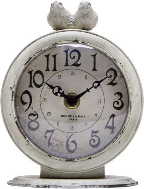 NIKKY HOME Shabby Chic Pewter round Quartz Table Clock with 2 Birds - Distressed