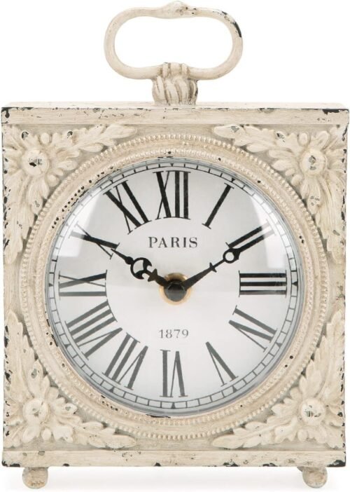 NIKKY HOME Small Table Clock with Handle, Silent Non-Ticking Shelf Desk White