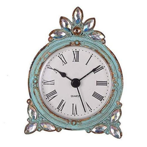 NIKKY HOME Vintage Pewter Quartz Mini Table Clock with Crystal Shining Aqua