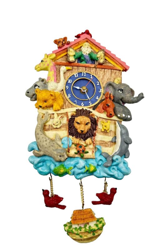 Noah's Ark Wall Clock Musical Chimes Battery Operated Working 3D Animals Vtg B
