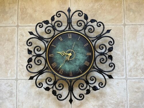 NOS Danish Hand Hammered Black Wrought Iron Wall Clock NEW MOVEMENT 5.69LBs GOLD