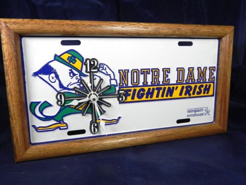 Notre Dame University Fighting Irish Metal License Plate Wood Framed Wall Clock