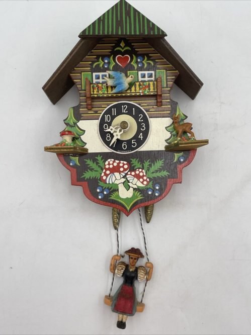 Novelty Miniature Cuckoo Clock Battery Operated Girl Swing At Bottom Mushrooms