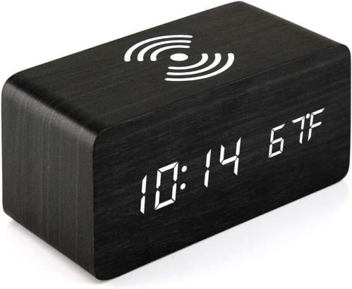 OCT17 Wooden Alarm Clock with Qi Wireless Charging Pad Compatible with iPhone
