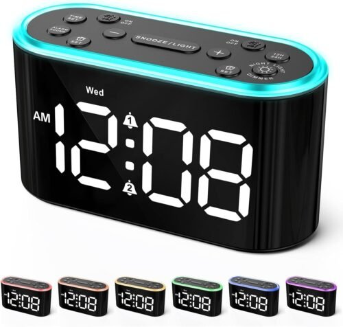 Odokee Digital Dual Alarm Clock for Kids Bedroom 7 Color Night Light Dimmer USB