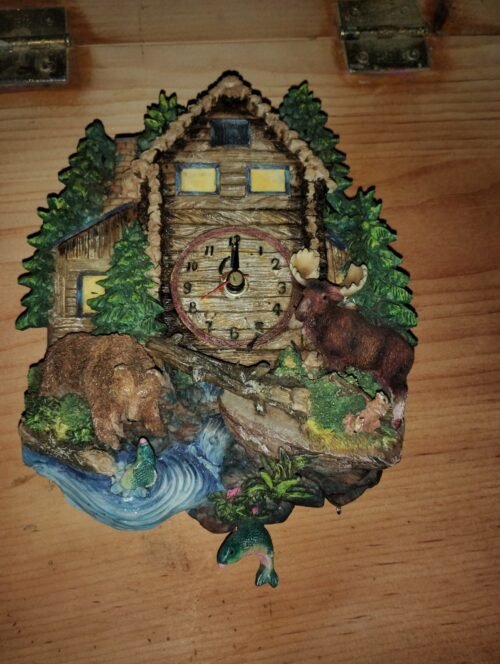 Old Cabin ,Bear, Moose And Fish Wilderness Clock