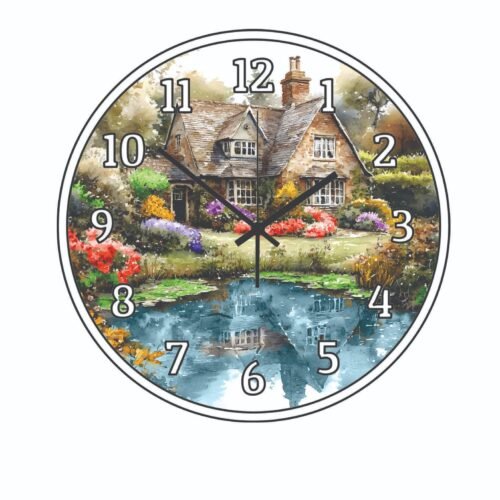 Old Country Cottage Water Floral Art Pond Wall Clock a Hanging Time Piece