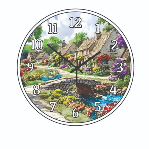 Old Country Cottage Water Floral Art Pond Wall Clock a Hanging Time Piece