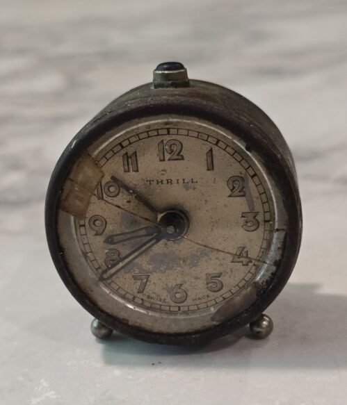 OLD VINTAGE SWISS BREVET DEM THRILL TRAVEL ALARM CLOCK WINDS AND TICKING