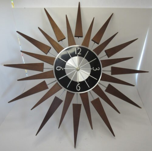 Old Vintage Wooden & Metal Starburst Wall Clock Taiwan Battery Operated 19" dia