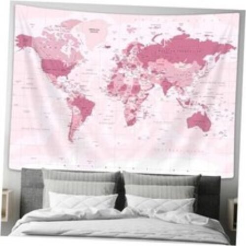 Old World Map Tapestry, Pink Map Educational Wall Tapestry Vintage Asia
