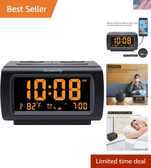 Orange Digital Alarm Clock Radio with Brightness Dimmer & USB Port