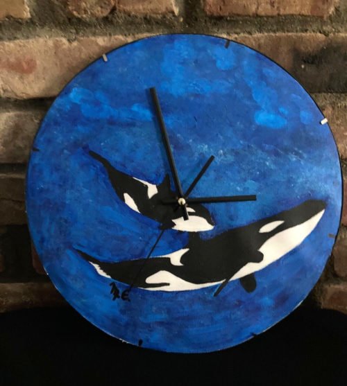 Orca Killer Whale Paint on Canvas Wall Clock Round Decorative Handcrafted Signed