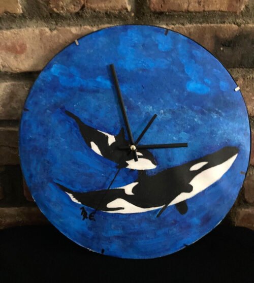 Orca Killer Whale Paint on Canvas Wall Clock Round Decorative Handcrafted Signed
