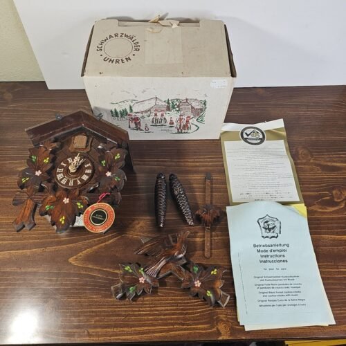 Original German Cuckoo Clock Handpainted Carved-Style 34cm by Anton Schneider