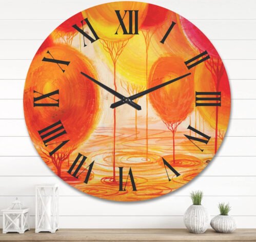 'Ornamental Colorful Trees II' Modern Oversized Wood Wall Clock 29"x29" Orange
