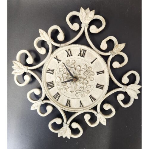 Ornate Metal Wall Clock With Roman Numerals & Scroll Design