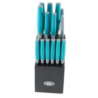 Oster Lindbergh 14-Piece Teal Stainless Steel Knife Set with Wooden Block