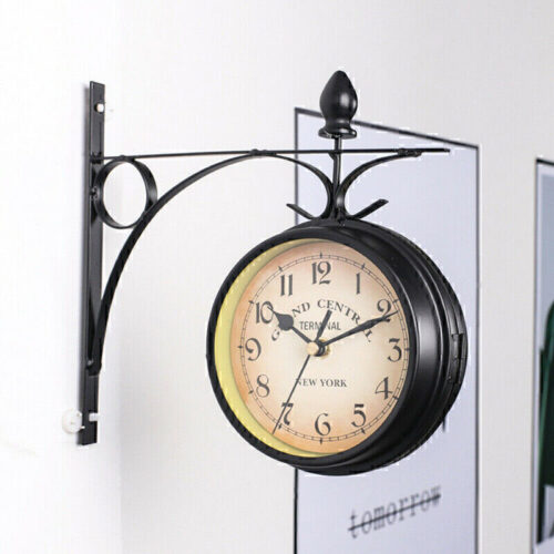 Outdoor Garden Gentral Station Wall Clock Double Sided Outside Bracket Retro 3