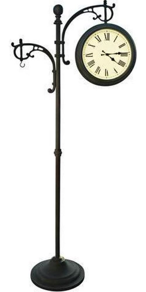 Outdoor Pedestal Clock Analog Thermometer Double Face Garden Metal Heavy Duty