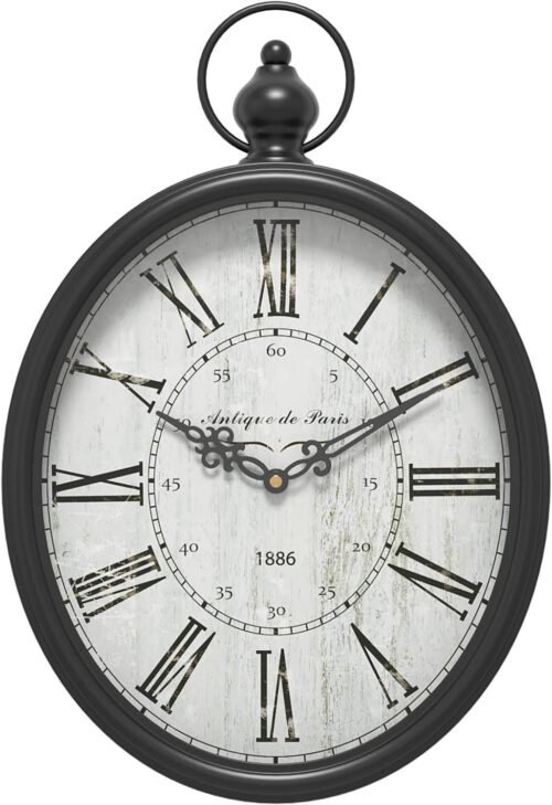 Oval Retro Wall Clock, Rustic Vintage Style, Black Antique Design, Battery Opera