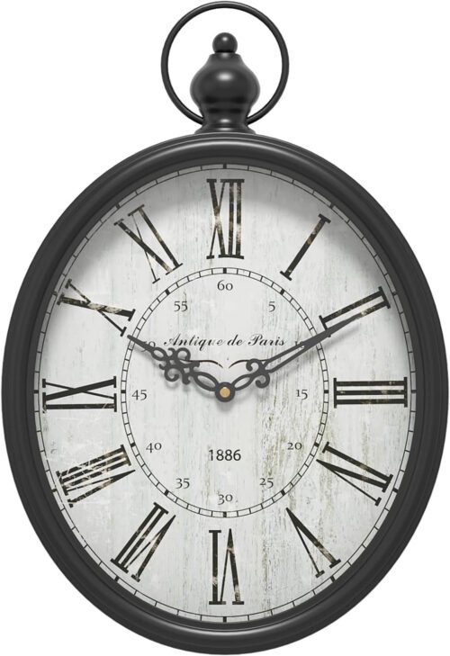 Oval Retro Wall Clock, Rustic Vintage Style, Black Antique Design, Battery Opera