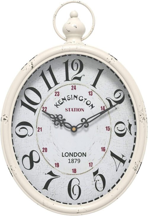 Oval Retro Wall Clock, Rustic Vintage Style, White Antique Design, Battery Opera