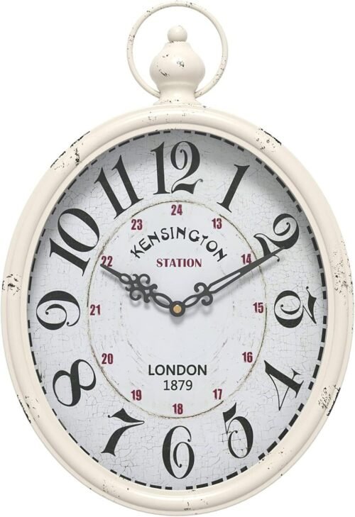 Oval Retro Wall Clock, Rustic Vintage Style, White Antique Design, Battery Opera