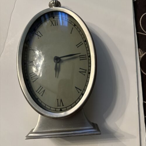 Oval Silver Desk Mantel Clock Roman Numbers
