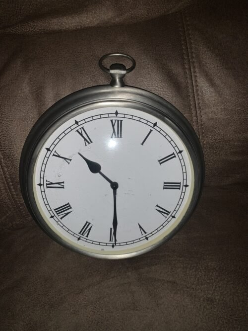 Over-Sized Pocket Watch Wall Clock Heavy Silver Metal 9" Round- Target Works