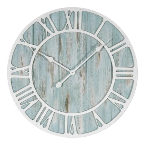 Oversized Coastal Wall Clock Aqua Blue Distressed Wood White Roman Numerals