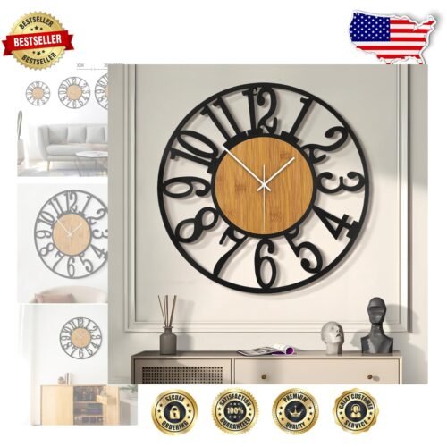 Oversized Silent Wall Clock - 16" Rustic Charm for Living Room & Bedroom