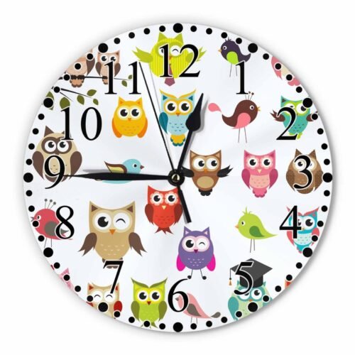 Owls Wall Clock 10 Inch Battery Operated Color Cute Cartoon Owls and Birds Cl...