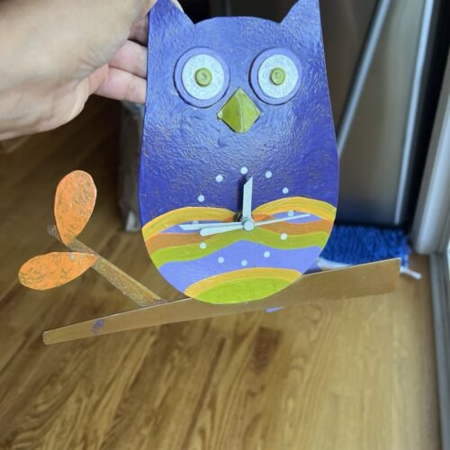 Oxidos Owl Bird in Branch Wall Clock with Moving Tail Pendulum Hand Painted