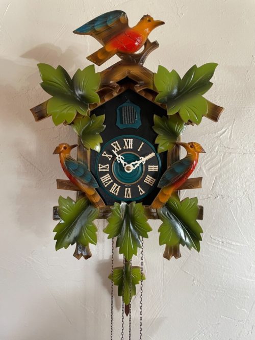Painted Cuckoo Clock, Leaves and Birds, in Working Condition