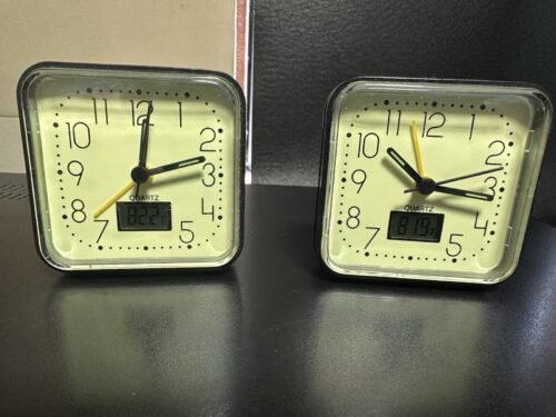 Pair Quartz Glow In The Dark Alarm Clock (1) Time Temperature Battery Operated