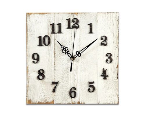 Pallet Clock, Square Distressed White Painted Wall/Mantel Clock. Raised Numbers