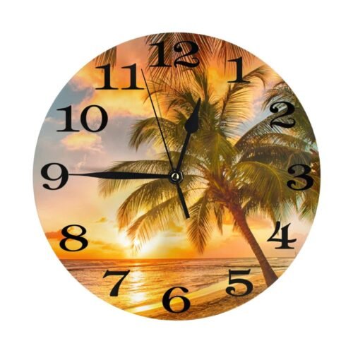 Palm Tree and Tropical Beach Wall Clock Battery Operated Silent Round Clock S...