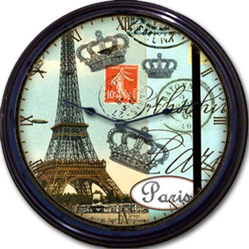 Paris France Eiffel Tower Wall Clock French Postmark Stamp Royal Crown New 10"