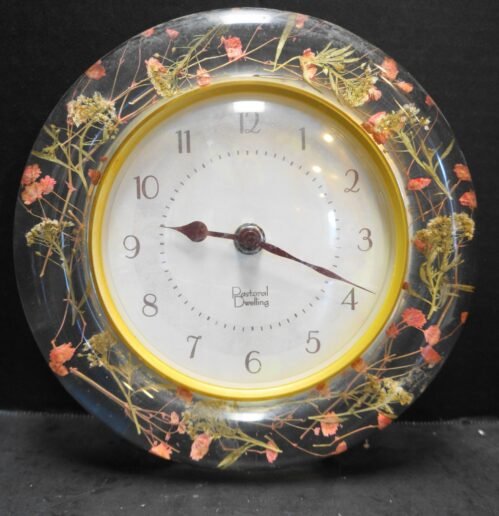 Pastoral Dwelling Lucite Dried Pink Flowers Wall Clock 1980s